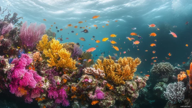A vivid coral reef teeming with colorful fish and underwater plants.