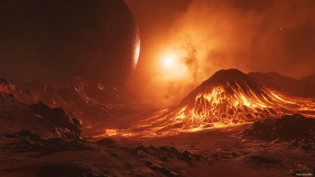 A volcanic scene erupts in fiery reds and oranges beneath a looming red planet casting its glow over rugged terrain.