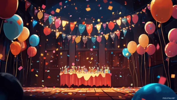 A wallpaper crafted for laptops with birthday balloons and confetti in a celebratory setting.