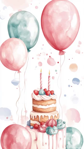 A watercolor inspired birthday wallpaper blending soft colors with birthday motifs like balloons and cakes.