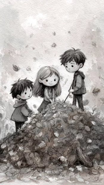 A whimsical Fall vibes moment with children playing in piles of leaves, soft sketch style.