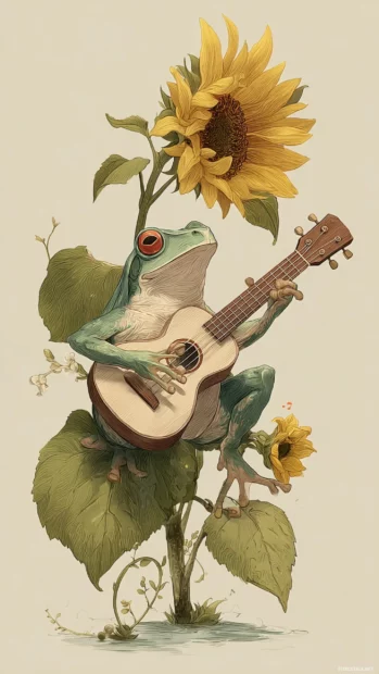 A whimsical Frog Phone Wallpaper showing a frog playing a ukulele beside a blooming sunflower.
