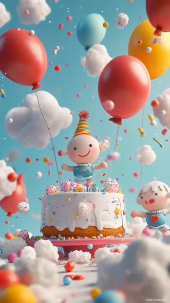 A whimsical birthday iPhone wallpaper showing animated characters celebrating with balloons and cake.