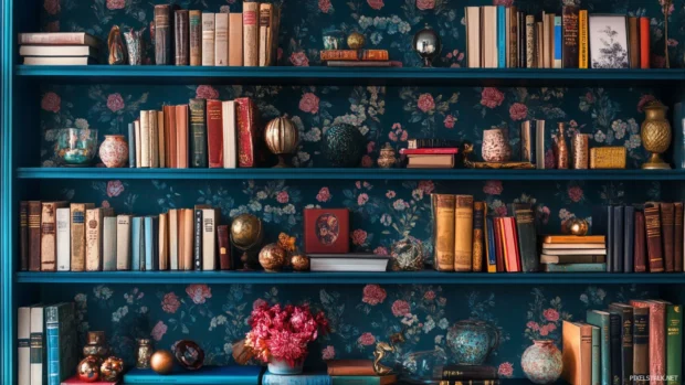 A whimsical bookshelf wallpaper with floating shelves holding an eclectic mix of books and ornaments.