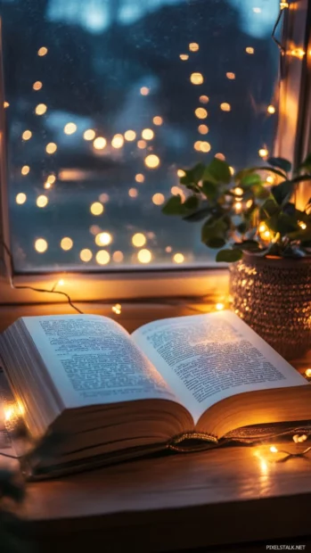 A whimsical desktop featuring aesthetic book wallpaper with fairy lights and softly glowing ambiance.