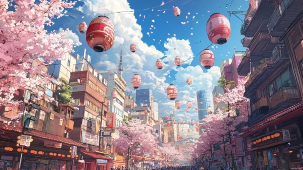 A wide angle view of Tokyo streets alive with cherry blossoms and cheerful festival lanterns.