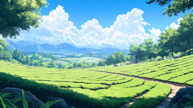 A wide view of a Japan tea plantation with meticulously arranged rows of green under blue skies.