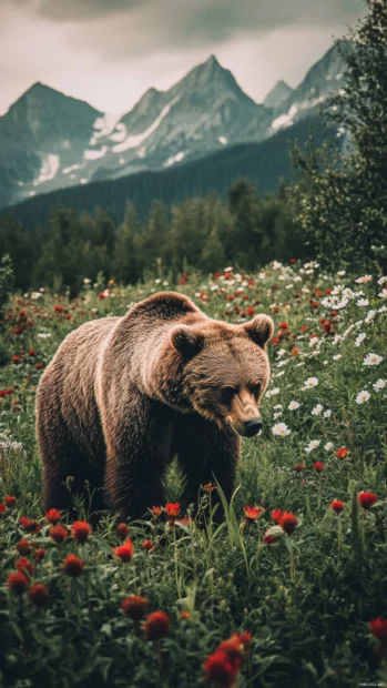 A wild bear exploring a meadow full of flowers with mountains in the distance.