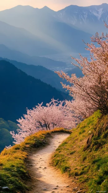 A winding Japan mountain trail offering breathtaking views over valleys dotted with cherry trees.