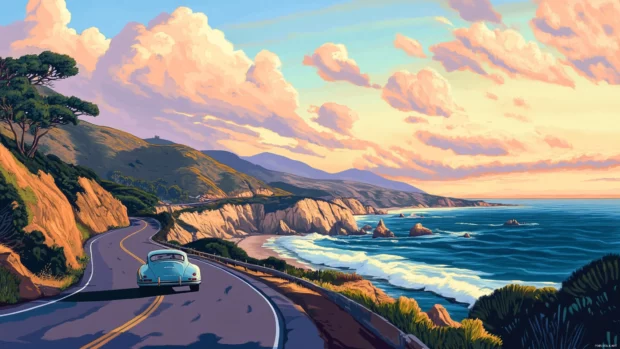 A winding coastal road with a vintage Porsche cruising past cliffs and ocean waves under pastel skies.