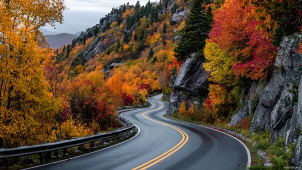 A winding mountain road hugged by fall trees bursting with shades of red, orange, and yellow.