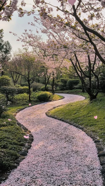 A winding path through Japanese cherry blossom trees with petals covering the ground like a soft carpet.