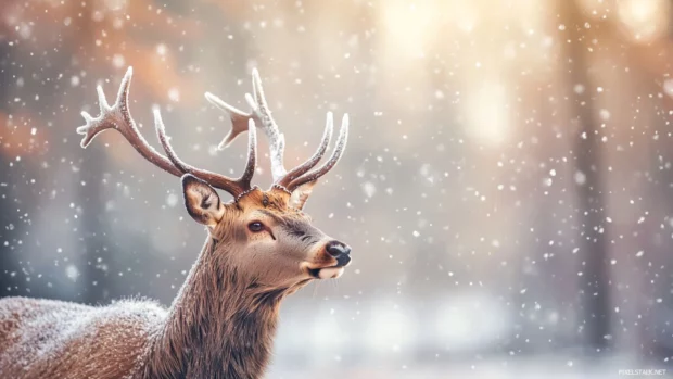 A winter deer wallpaper with snow gently falling on antlers, quiet forest background and pale sky.