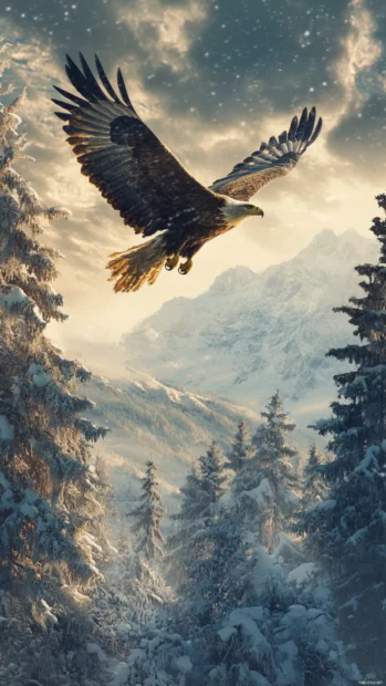 A winter landscape with an eagle watching from above.