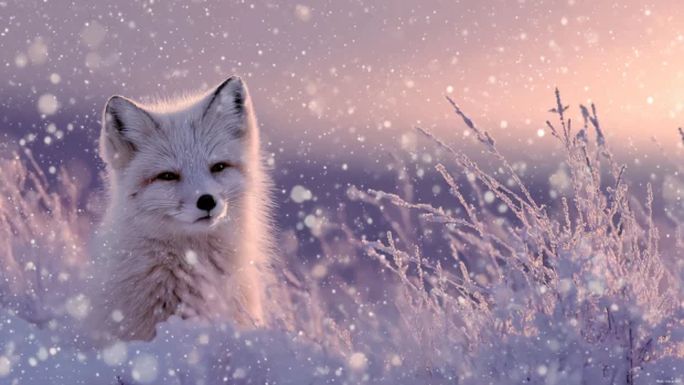 A winter scene as cute winter fox wallpaper with a fluffy arctic fox frolicking in gentle snowfall at dawn.