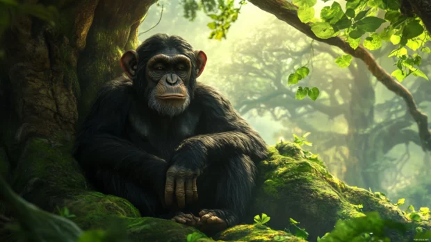 A wise old monkey sitting quietly under an ancient tree in the forest.