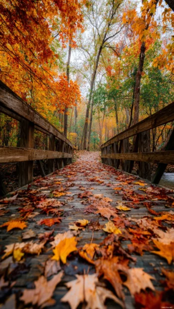 A wooden bridge covered with freshly fallen Fall leaves, surrounded by colorful trees.