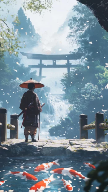 A young Japanese samurai standing on a stone bridge watching koi fish swim below.