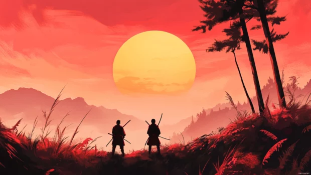 A young Japanese samurai training with his master under the rising sun.