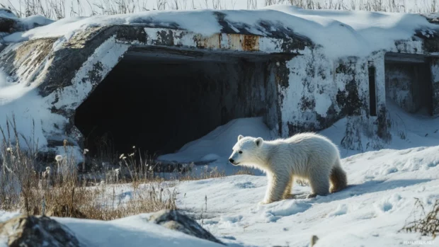A young Polar Bear playing alone in fresh snow near an old abandoned igloo.