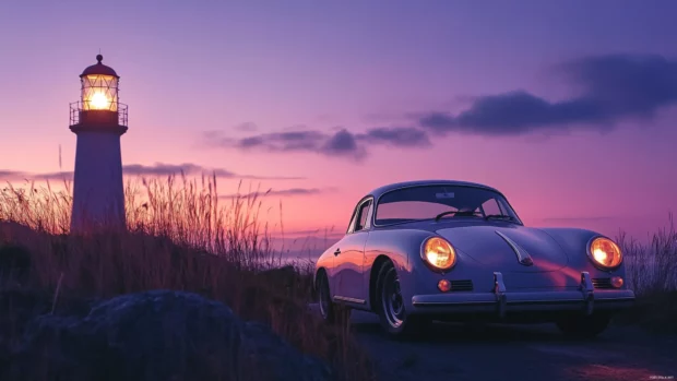 A romantic seaside shot with a vintage Porsche parked.