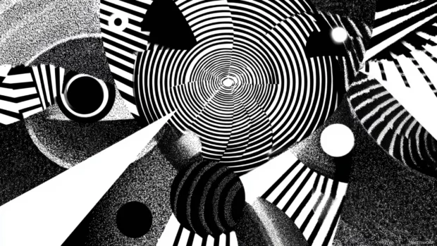 Abstract black and white geometric wallpaper blending swirling concentric circles and sharp angles for dynamic effect.