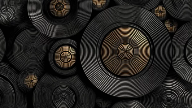 Abstract black geometric wallpaper blending concentric circles and sharp angles for dynamic visual flow.