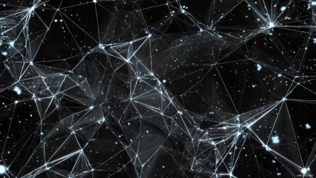 Abstract black geometric wallpaper with glowing linework tracing complex polyhedral shapes on jet black backdrop.