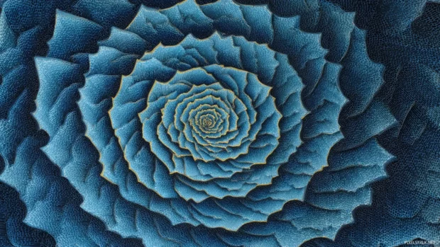 Abstract blue geometric wallpaper depicting swirling concentric polygons over pale sky blue canvas.