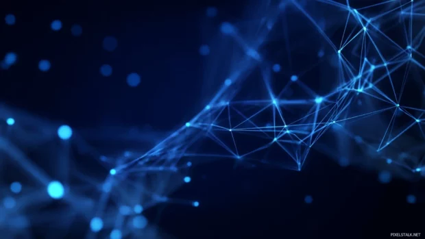 Abstract blue geometric wallpaper with glowing neon polygons connected by fine lines over dim navy field.