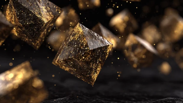 Abstract composition of gold geometric crystals floating against a dark velvet texture.