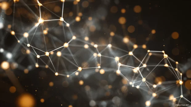 Abstract digital Geometric grid with interconnected nodes and glowing highlights.