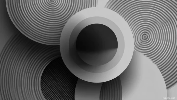 Abstract geometric desktop wallpaper blending concentric circles and diagonal lines in calm monochrome palette.