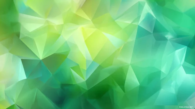 Abstract green geometric wallpaper blending dynamic polygon shards with pastel moss gradient highlights.