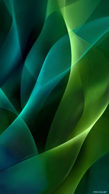 Abstract green geometric wallpaper phone version combining fluid curved shapes and triangular overlays.