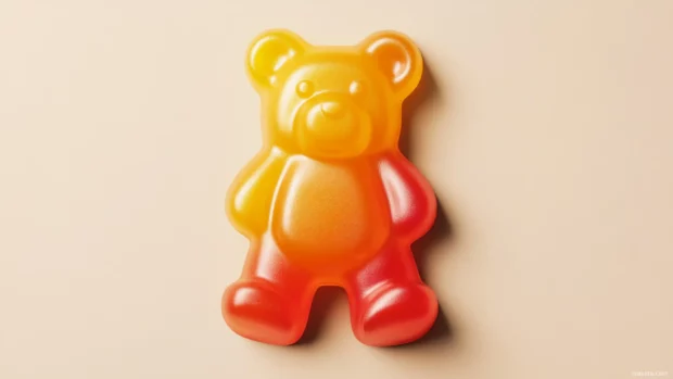 Abstract gummy bear shape centered on beige background.