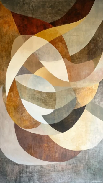Abstract painting with layered Earth tone curves and neutral hues.