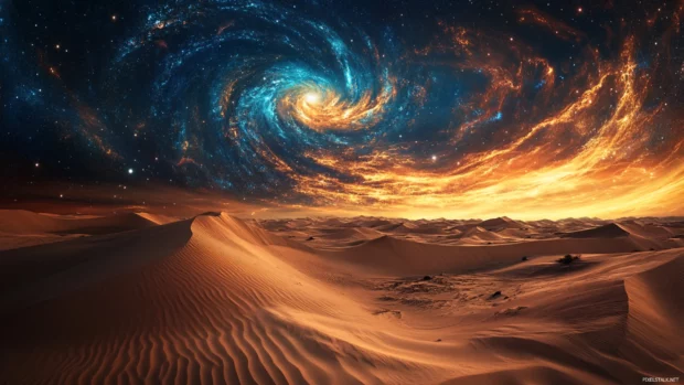 Across a windswept desert, space looms close as swirling galaxies seem to touch the golden dunes under vivid twilight.