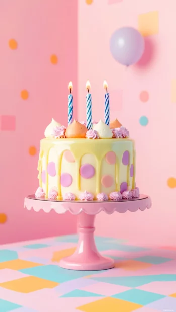 Adorable Birthday Cake standing on a pastel checkerboard surface.