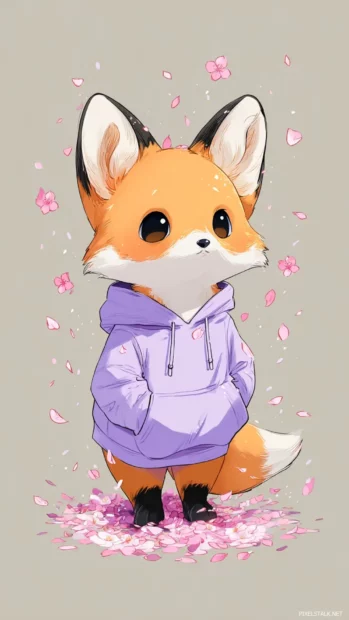 Adorable baby fox wearing a lavender hoodie standing under sakura petals.