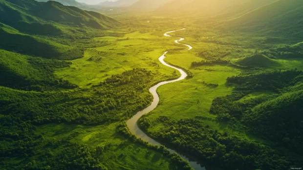 Aerial view of fly fishing in winding river through green valleys.