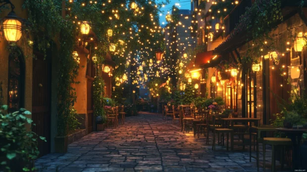 Aesthetic Cute Japan alley lined with cozy cafes and lanterns glowing softly.