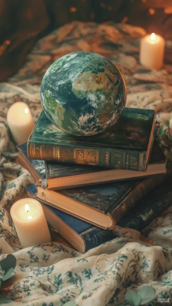 Aesthetic Earth resting atop a pile of illustrated books and candles.