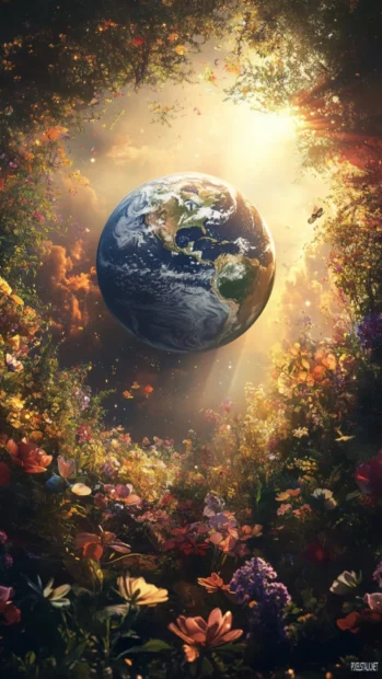 Aesthetic Earth surrounded by dreamy flowers and sunlight rays.