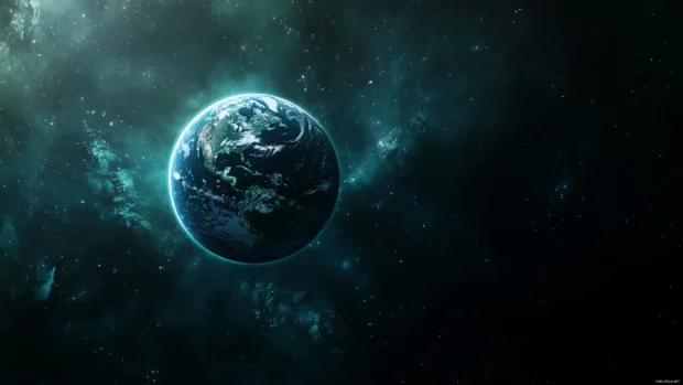 Aesthetic Earth wallpaper showing the planet suspended in darkness with soft blue and green tones.