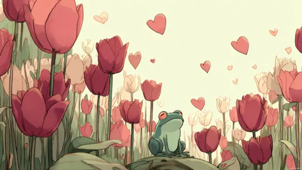 Aesthetic Frog in a cartoon style garden filled with oversized tulips and floating hearts, clean soft tones.