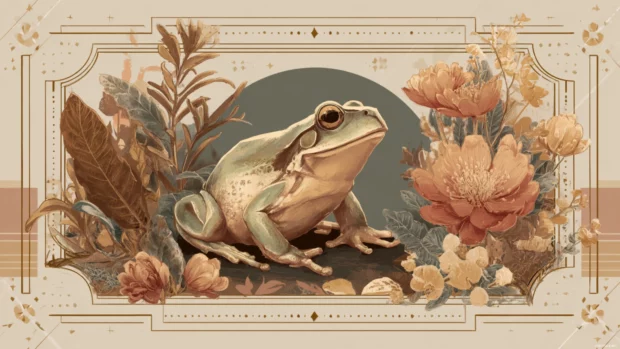Aesthetic Frog inside a framed picture with botanical corners, cartoon floral borders and warm neutral tones.