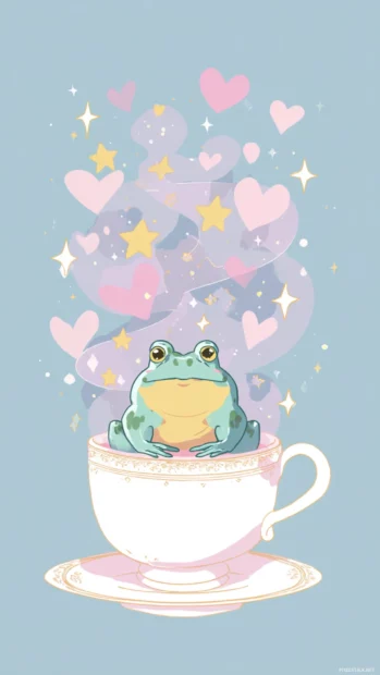 Aesthetic Frog peeking from a teacup with steam shaped like stars and hearts, flat pastel illustration.