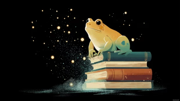Aesthetic Frog perched on a vintage book stack surrounded by floating sparkles, stylized cartoon aesthetic.