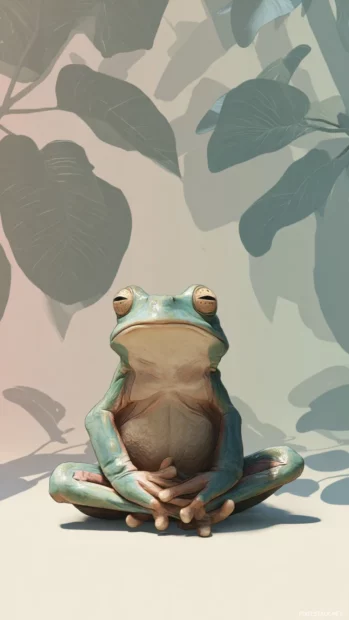 Aesthetic Frog sitting cross legged in a meditation pose, pastel background with leaf silhouettes.